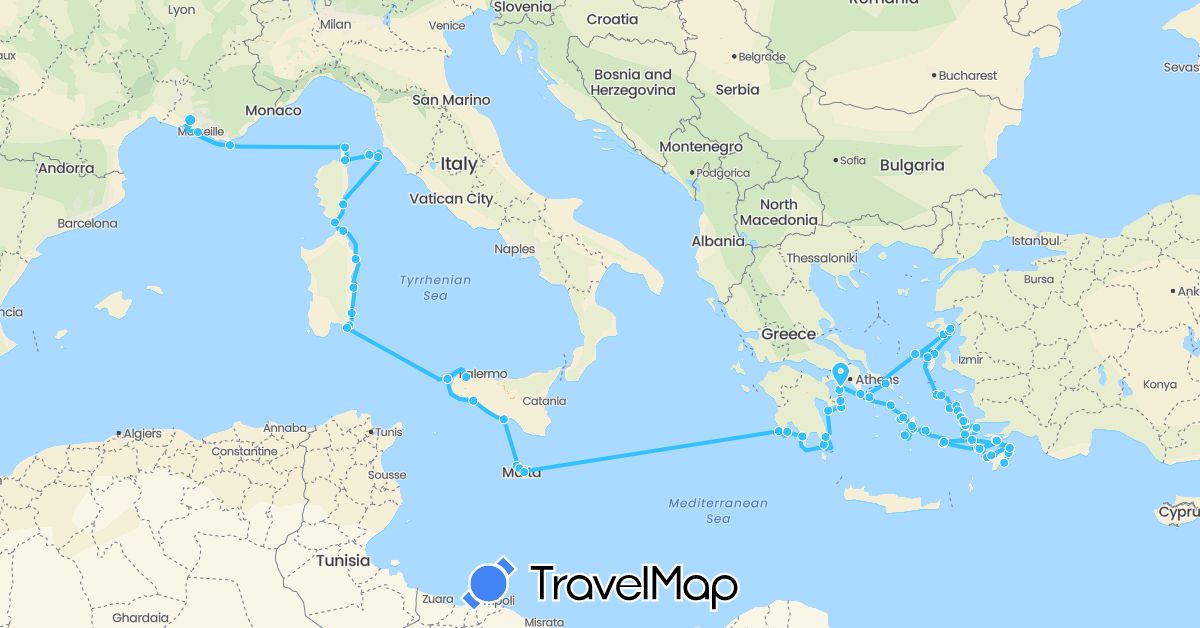 TravelMap itinerary: boat in France, Greece, Italy, Malta (Europe)